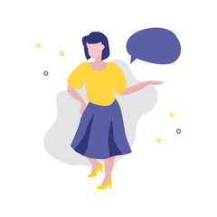 Vector illustration of girl or woman showing or offering something and speech bubble. Sale, online shopping, shopping app, consumer, discount offer concept. Good advantageous offer for buyers