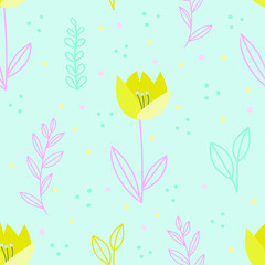 Fototapeta na wymiar Abstract seamless pattern with flowers and leaves in pastel colors: yellow, pink blue.Seamless childish ornament for fabric,invitations, wrapping paper, cards and other materials.