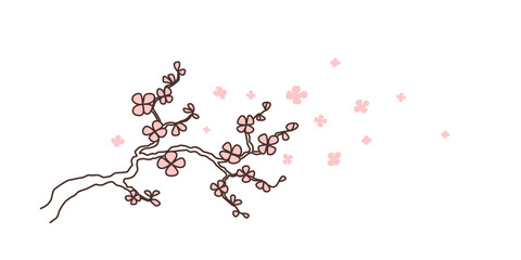 Vector hand drawn illustration of blossoming sakura branch with flying pink petals. Symbol of spring