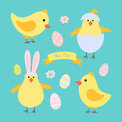 set of Easter baby Chicks with eggs.Vector cute characters in the style of hand-drawn flat pastel colors. suitable for decoration, packaging paper and textiles.