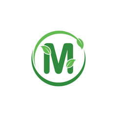 Initial M Letter with Leaf Logo Design Vector