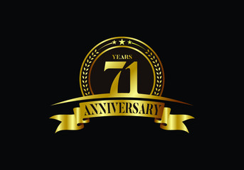 71th years anniversary logo template, vector design birthday celebration, Golden anniversary emblem with ribbon. Design for a booklet, leaflet, magazine, brochure, poster, web, invitation or greeting