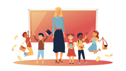 Back To School Concept. School lesson. Little Students And The Teacher At The Blackboard. Classroom With Chalkboard, Teachers Desk, Pupils Tables and Chairs. Cartoon Flat style. Vector illustration