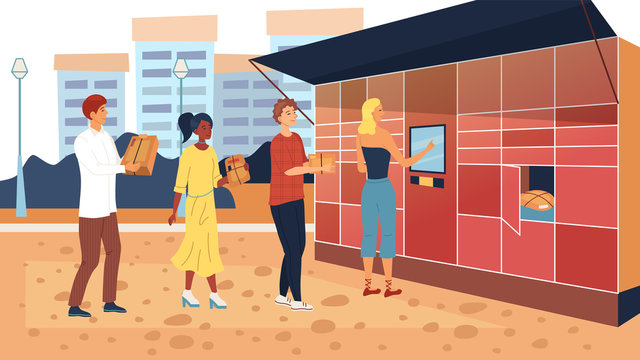 People Wait In A Queue To Electronic Locker. Characters Pick up And Send Parcels By Self Service Post Terminal Machine Standing On the Street With Screen for Mock up. Cartoon Flat Vector Illustration