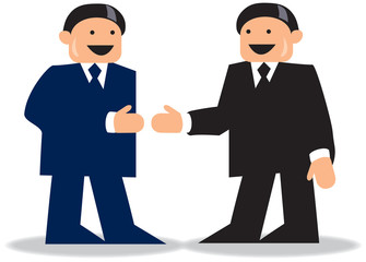 Two happy businessmen greeting and shaking hands. Cartoon illustration isolated  on white background.