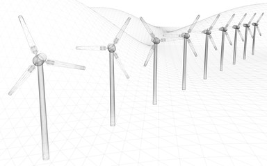 Wind turbines, wireframe technique, original 3d rendering