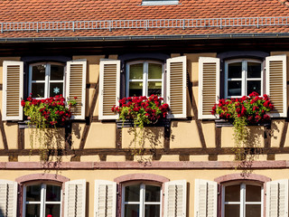 Fototapeta na wymiar Classic Alsatian windows in a half-timbered house, decorated with wooden carvings and flowers