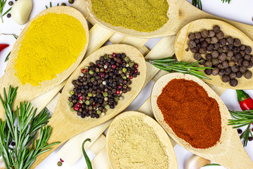 Top view of variety of spices and seasonings (indian curry, different pepper, paprika powder, salt, dry ginger and curcuma) for cooking in wooden spoons on white kitchen table background