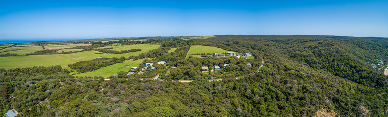 Aerial panorama of coastal vegetation and agricultural land of Walkerville, Victoria, Australia