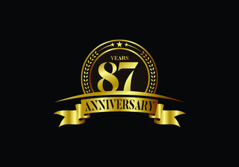 87th years anniversary logo template, vector design birthday celebration, Golden anniversary emblem with ribbon. Design for a booklet, leaflet, magazine, brochure, poster, web, invitation or greeting