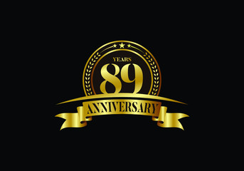 89th years anniversary logo template, vector design birthday celebration, Golden anniversary emblem with ribbon. Design for a booklet, leaflet, magazine, brochure, poster, web, invitation or greeting