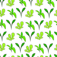 Various sprouts on a white background. Small plants, seedlings seamless pattern. For fabric, print, wallpaper, site.
