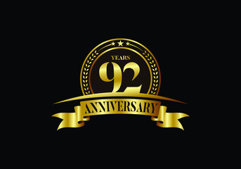 92th years anniversary logo template, vector design birthday celebration, Golden anniversary emblem with ribbon. Design for a booklet, leaflet, magazine, brochure, poster, web, invitation or greeting