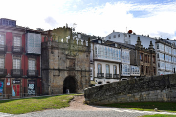 Fototapeta na wymiar The door of the Castle of the Bridge, also known as the door of Carlos V, in Viveiro, Lugo, Galicia. Spain. Europe. September 01, 2019