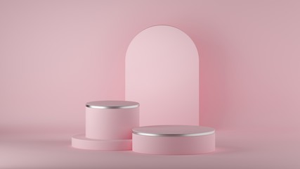 3d render, abstract minimal modern pink background, arch, room. Empty cylinder fashion podium, vacant pedestal, round stage, showcase stand, blank product display platform. Copy space. Premium design