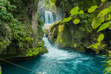 Panoramic beautiful deep waterfall in Bridge of God and Waterfalls of Tamasopo san luis potosi mexico