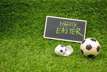 Soccer Easter with football and egg shell on green grass