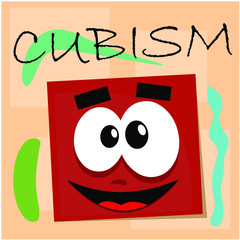   Vector illustration of a cartoon cube with a cubism drawing style background