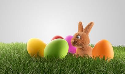 a small young cute Easter bunny and colored eggs 3d-illustration