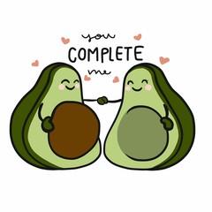 You complete me, cute couple avocado cartoon vector illustration