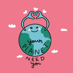 Your planet need you, cute earth make heart symbol cartoon vector illustration