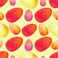 Colorful Easter eggs on a yellow background. Seamless patterns. Watercolor