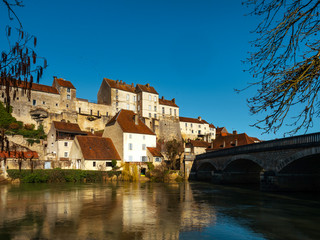 Panoramic view of Pesmes village in Burgundy, winter