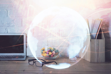 Double exposure of business theme icons and work space with computer background. Concept of success.