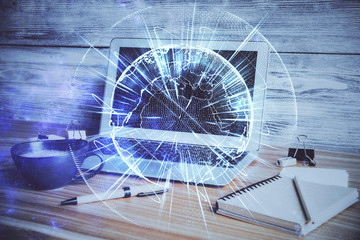 Double exposure of business theme icons and work space with computer background. Concept of success.