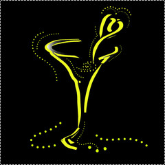 outline drawing elegantly gold martini glass with heart..vector illustration  isolated black background