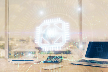 Double exposure of desktop computer and technology theme hologram. Concept of software development.