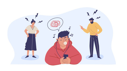 Conflict with parents, father and mother scolding a teenage boy. A teenage boy ignores his parents. Children's misunderstanding with their families.