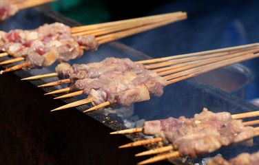 Close-up of lamb kebabs, outdoors,