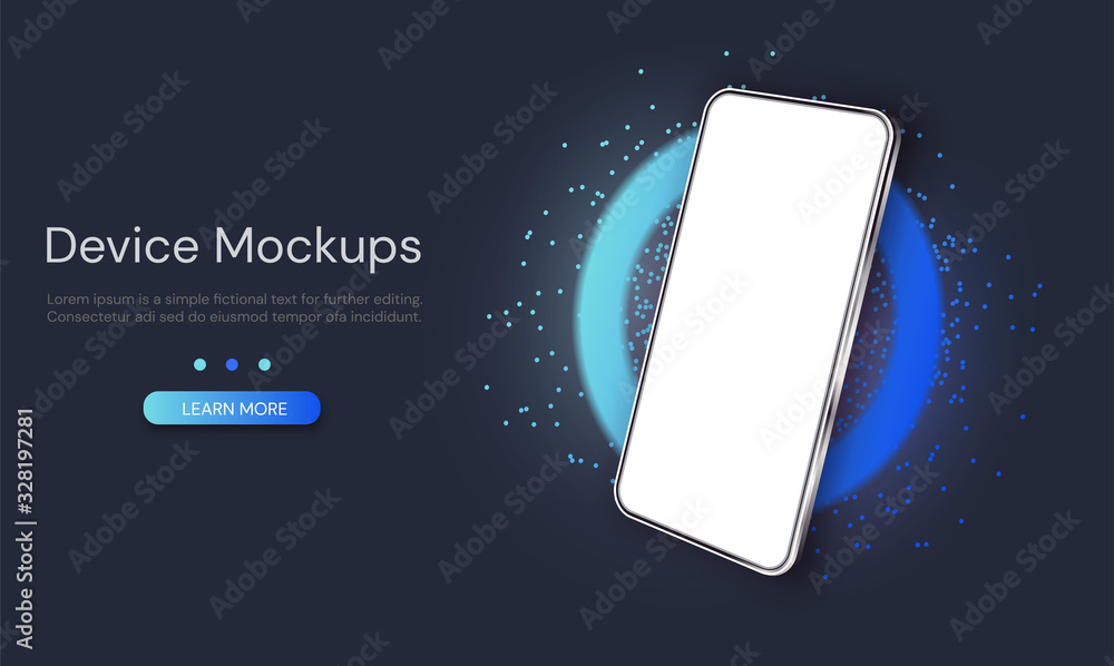 Poster web template digital device mockup with info button showing a 3d tablet or mobile phone with blank w
