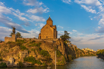 Tbilisi Georgia Europe landmark kura river sunset Metekhi church