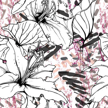 Floral Black White Pattern. Modern Watercolor