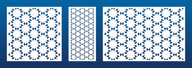 Laser cut panel set. Vector template with abstract geometric pattern in oriental style, floral grid ornament. Decorative stencil for laser cutting of wood, metal, engraving. Aspect ratio 1:1, 1:2, 3:2