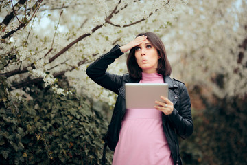 Pregnant Woman with Pc Tablet Remembering Important Fact