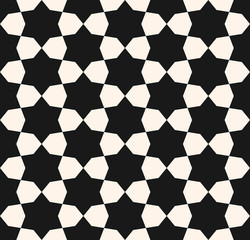 Vector seamless texture, monochrome geometric pattern with simple geometrical shapes, hexagons, stars. Elegant abstract background for tileable print, decor, fabric, furniture, textile, package, cover