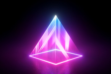 3d render, abstract geometric background. Pyramid of neon light isolated on black. Blue pink laser rays in the dark, projecting square shape on the stage floor.