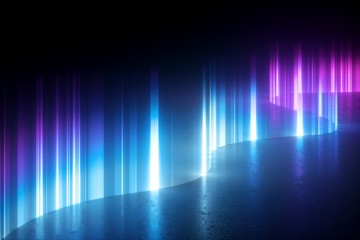 3d render, digital illustration. Abstract blue pink neon light background, artificial aurora borealis vertical rays, northern lights, glowing plasma effect wavy line. Mysterious geomagnetic phenomenon