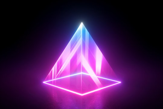 3d render, abstract geometric background. Pyramid of neon light isolated on black. Blue pink laser rays in the dark, projecting square shape on the stage floor.
