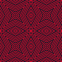 Vector geometric seamless pattern. Modern black and red linear background. Modern abstract graphic texture with stripes, rhombuses, star shapes, diagonal lines. Repeat design for decor, print, fabric