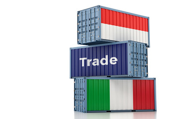 Shipping containers with Italy and Indonesia flag. 3D Rendering 