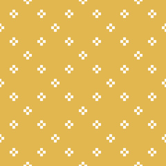 Vector minimalist geometric seamless pattern. Simple abstract texture with small crosses, flower silhouettes in square grid. Mustard yellow and white minimal background. Pixel art. Repeatable design