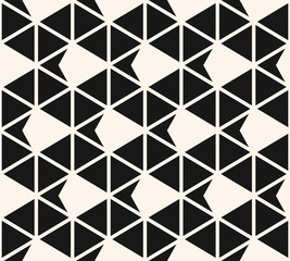 Triangles seamless pattern. Abstract monochrome geometric texture with triangles, arrow, rhombuses, grid. Black and white vector graphic background. Simple repeat design for decor, prints, wallpapers
