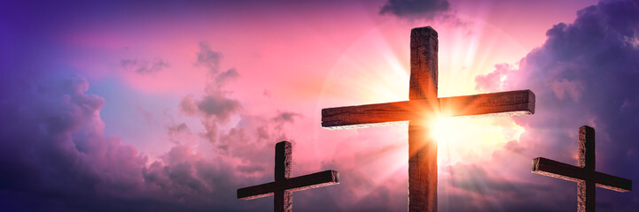 Banner Of Three Wooden Crosses With Sunrise And Clouds Background - Death And Resurrection Of Jesus Christ - obrazy, fototapety, plakaty