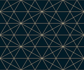 Golden lines pattern. Vector geometric seamless texture with delicate grid, thin lines, hexagons, triangles. Abstract black and gold graphic background. Premium style ornament. Luxury repeat design