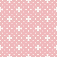 Fototapeta premium Simple minimalist floral texture. Geometric seamless pattern with small flower silhouettes, petals, leaves. Subtle vector abstract background. Pink and white minimal ornament. Cute repeating design