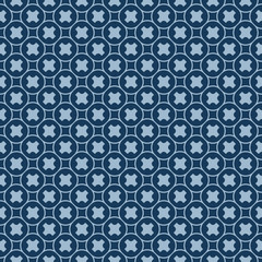 Simple vector geometric texture. Seamless pattern with small crosses in round grid. Navy and light blue color. Abstract minimalist repeat background. Funky style design for decor, wallpapers, cloth